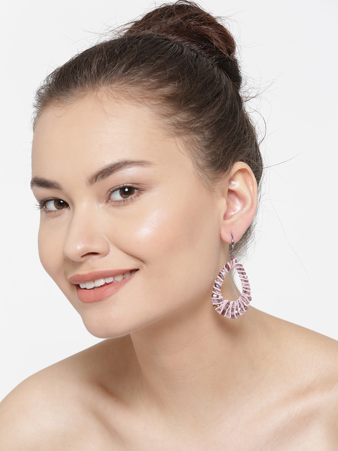 YouBella Silver-Toned  Pink Beaded Teardrop Shaped Drop Earrings